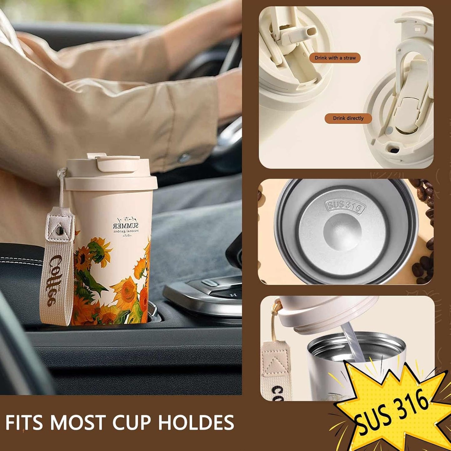 Premium 316 Stainless Steel Tumbler,Map BPA Free Insulated Travel Mug Leak Proof Lid & Straw for Commute, Road Trip, Daily Use (Black White, 18oz)