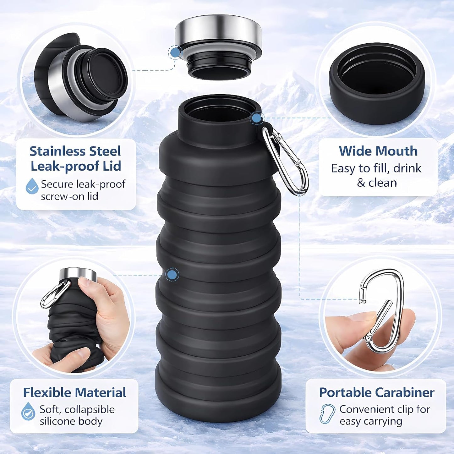 Collapsible Water Bottles,16oz Capacity Portable Reusable Silicone Water Bottle,Leak-proof,with buckle,foldable storage,Lightweight Durable for Fitness,Cycling,Sports,Camping,Hiking (Deep Black)