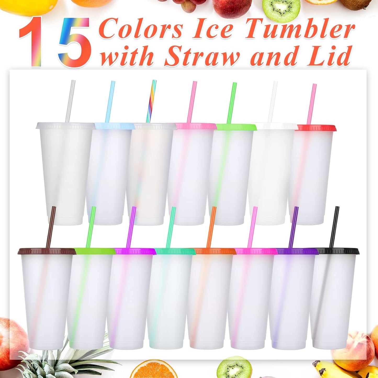 Honeydak 15 Pack Tumbler with Straw and Lid Bulk Cups for Gifts Water Bottle Iced Coffee Travel Mug Cup Reusable Plastic Tumblers for Party Birthdays 24-27 oz (Solid Color)