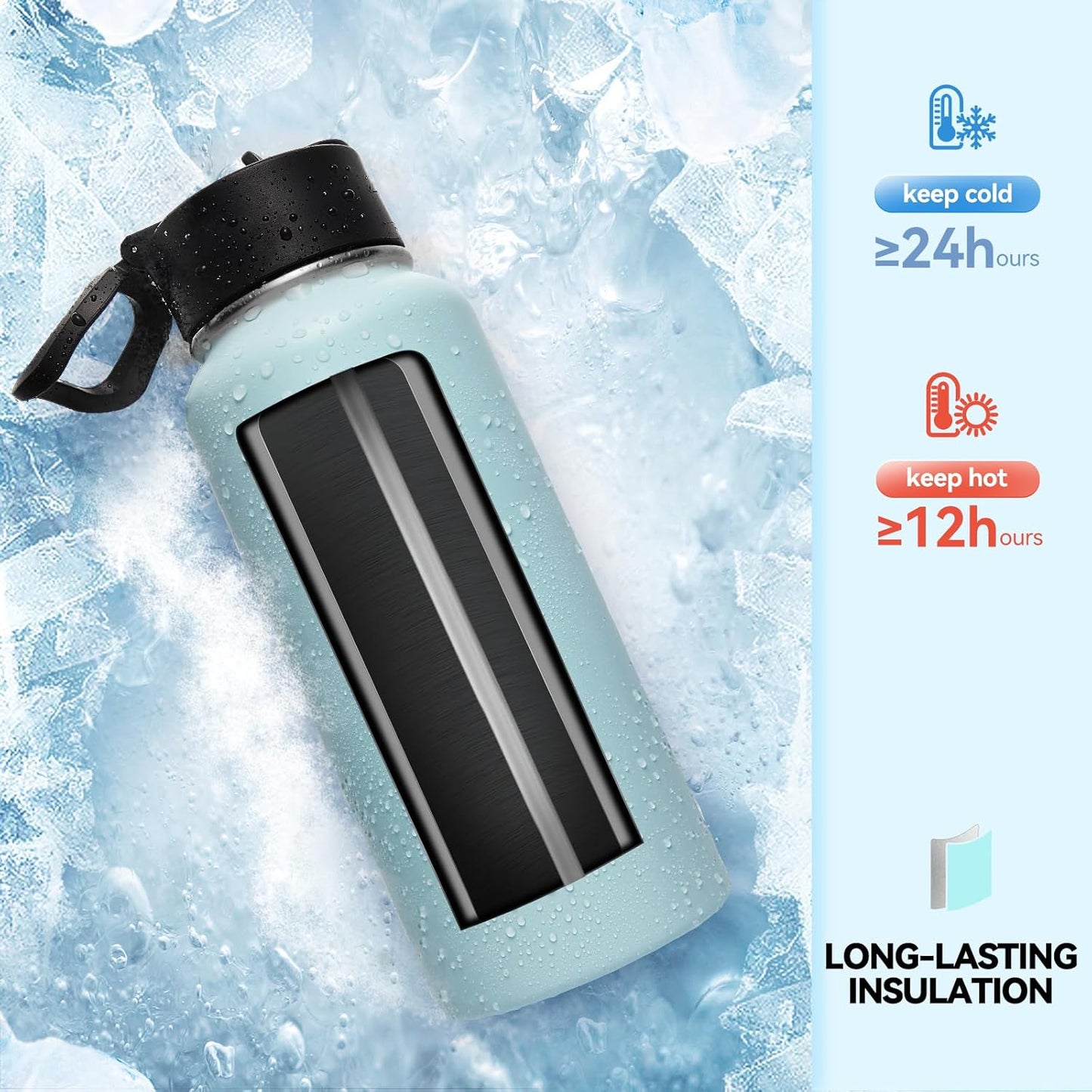 Neihepal 32 oz Insulated Water Bottle with 2 Lids (Straw & Spout Lid), 18/8 Stainless Steel Double Wall Water Bottles for Gym, Travel, Camping, Sports (Silver,1 Pack)