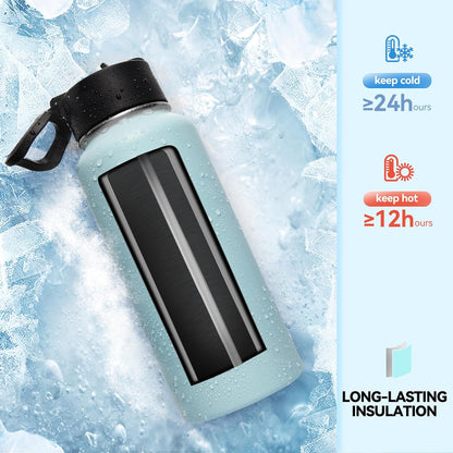 Neihepal 32 oz Insulated Water Bottle with 2 Lids (Straw & Spout Lid), 18/8 Stainless Steel Double Wall Water Bottles for Gym, Travel, Camping, Sports (Silver,1 Pack)