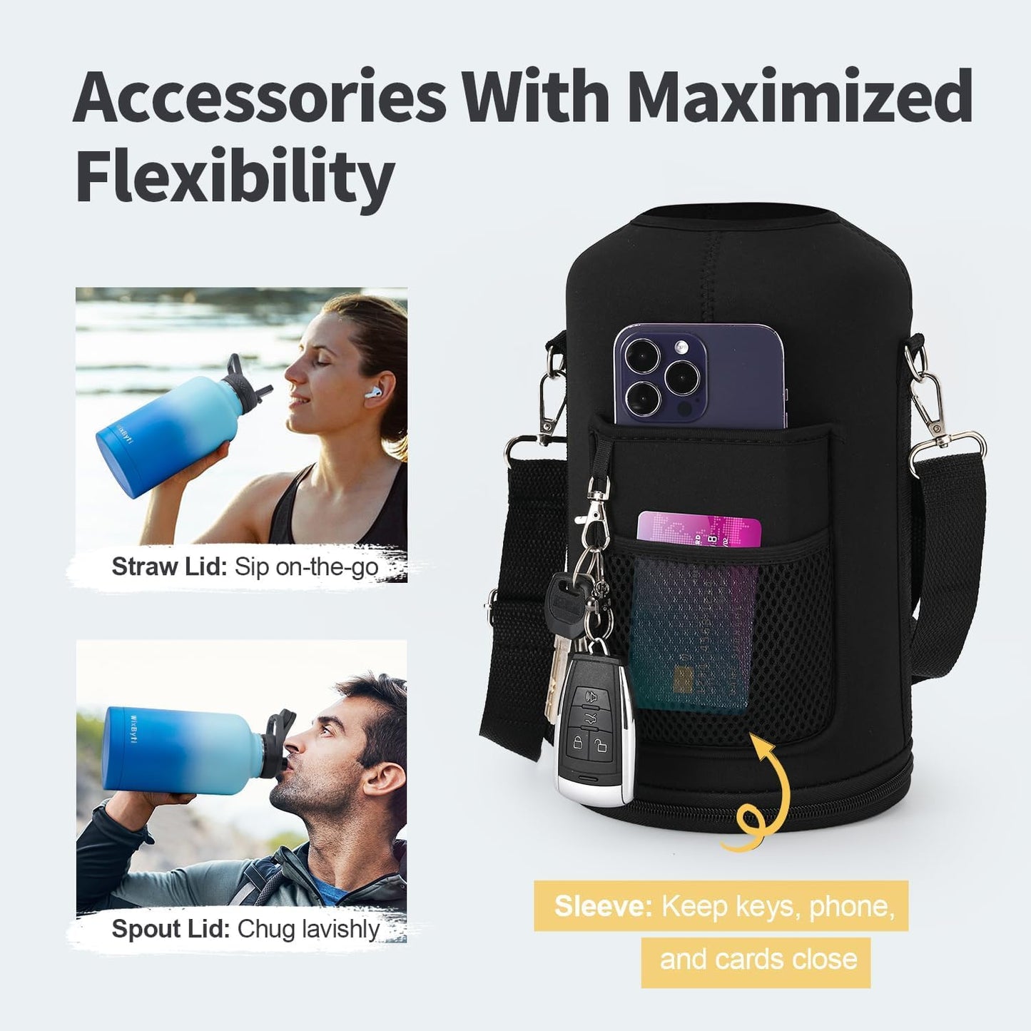 WixByti 40 oz Insulated Water Bottle with Straw (Cold for 36 Hrs), Stainless Steel Triple Wall Vacuum Sports Water Jug, Leakproof Hydro Cup Flask with Paracord Handle & Straw Spout Lids & DIY Stickers