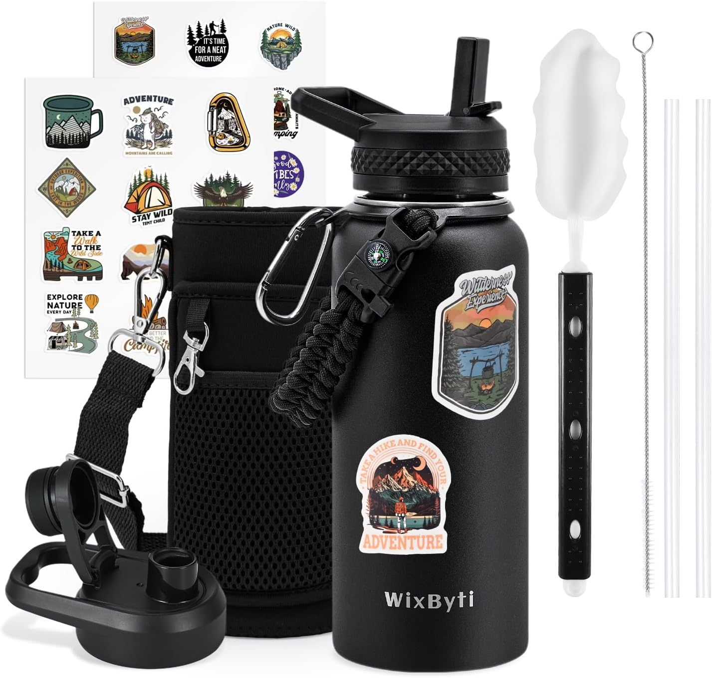 WixByti 40 oz Insulated Water Bottle with Straw (Cold for 36 Hrs), Stainless Steel Triple Wall Vacuum Sports Water Jug, Leakproof Hydro Cup Flask with Paracord Handle & Straw Spout Lids & DIY Stickers