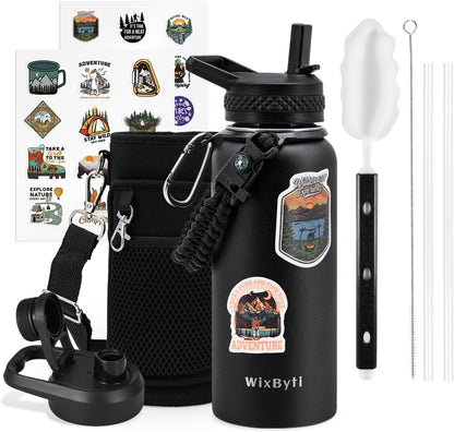 WixByti 40 oz Insulated Water Bottle with Straw (Cold for 36 Hrs), Stainless Steel Triple Wall Vacuum Sports Water Jug, Leakproof Hydro Cup Flask with Paracord Handle & Straw Spout Lids & DIY Stickers