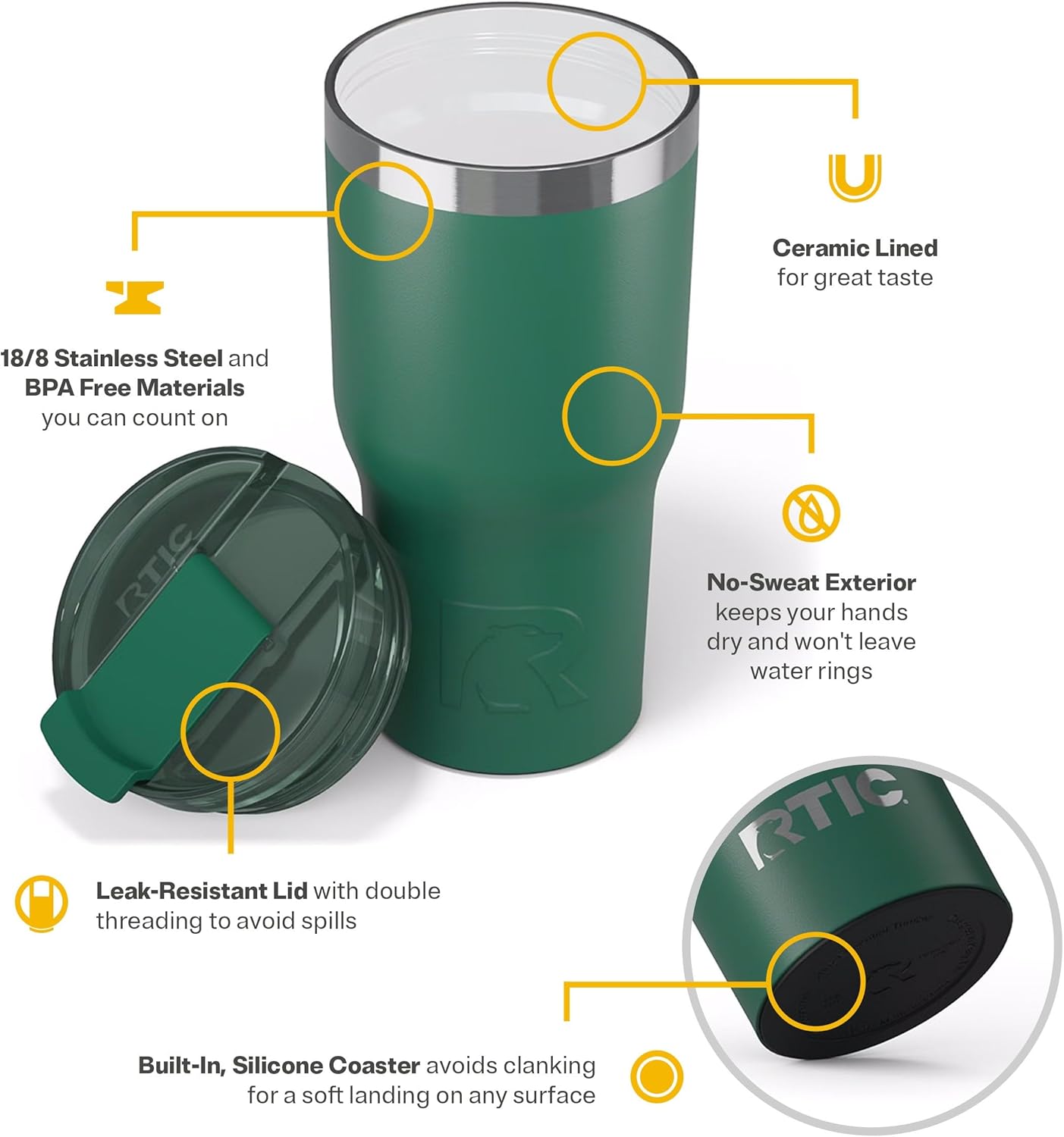 RTIC 20oz Essential Tumbler with Lid, Ceramic Lined, Insulated, Stainless Steel, Metal, Double Wall Vacuum-Insulation, Travel Cup for Iced Coffee, Tea, Hot and Cold Drink, Graphite