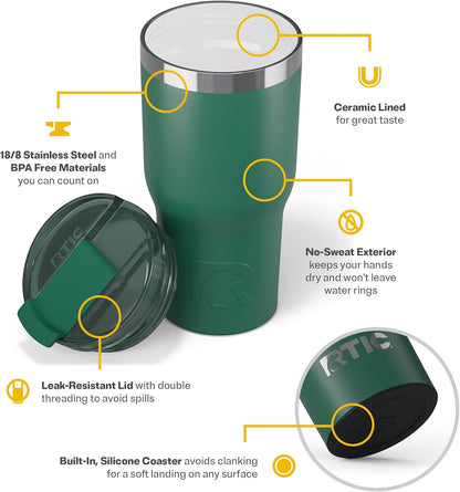 RTIC 20oz Essential Tumbler with Lid, Ceramic Lined, Insulated, Stainless Steel, Metal, Double Wall Vacuum-Insulation, Travel Cup for Iced Coffee, Tea, Hot and Cold Drink, Graphite