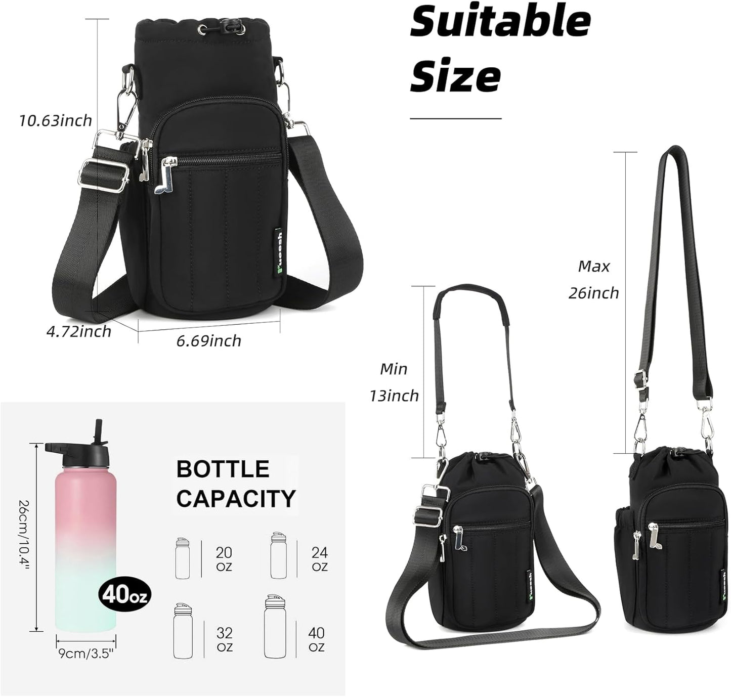 Rueesh Water Bottle Holder Bag with Adjustable Strap, Insulated Bottle Carrier Bag RFID Crossbody Sling Bag for Gym Walking