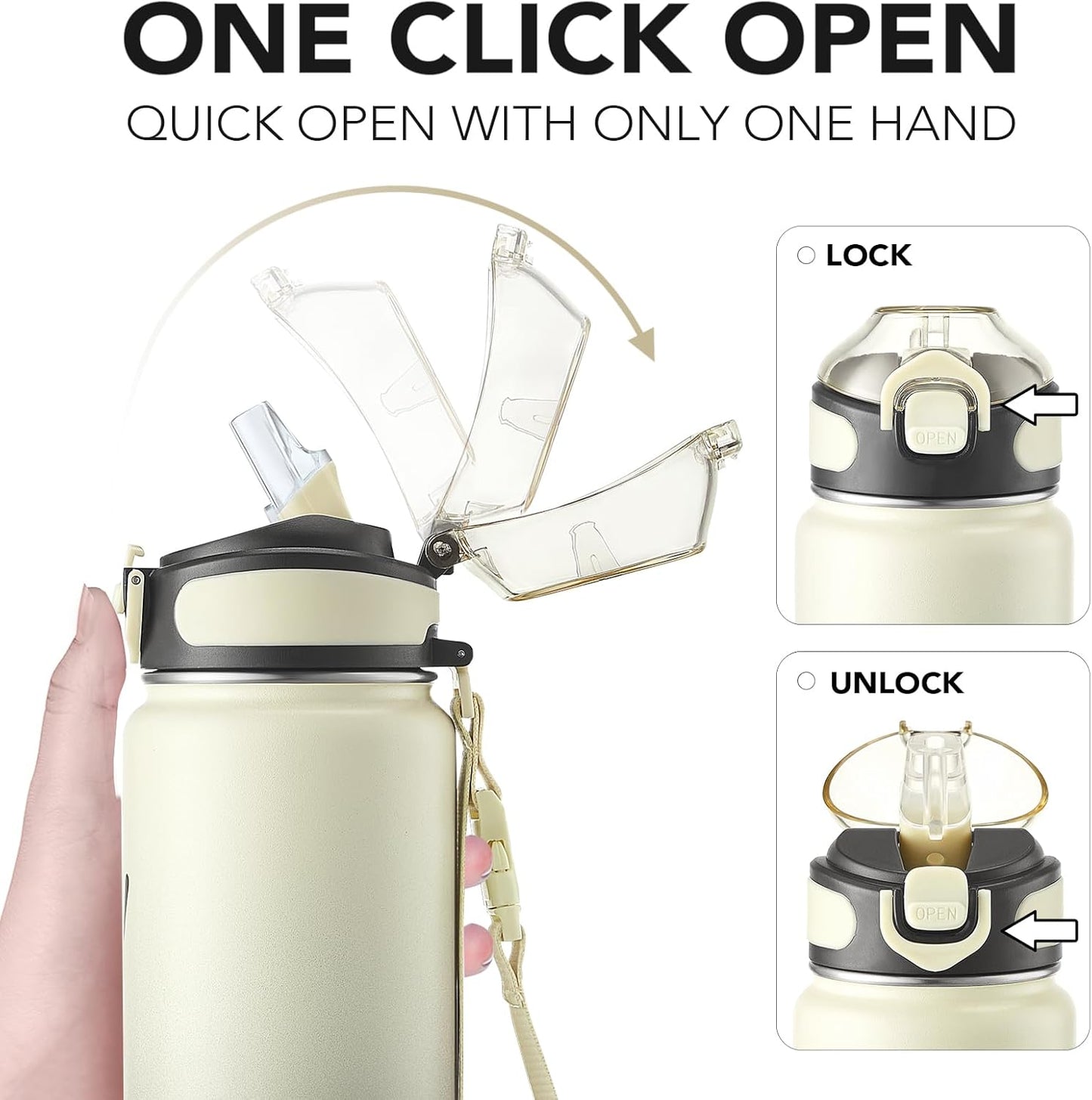 Enerbone 24 oz Insulated Water Bottle, Stainless Steel Bottle with Carrying Strap, Double-Wall Vacuum Insulation Design, Leakproof Sports Bottle with Straw, Keep Drinks Cold or Hot for Hours