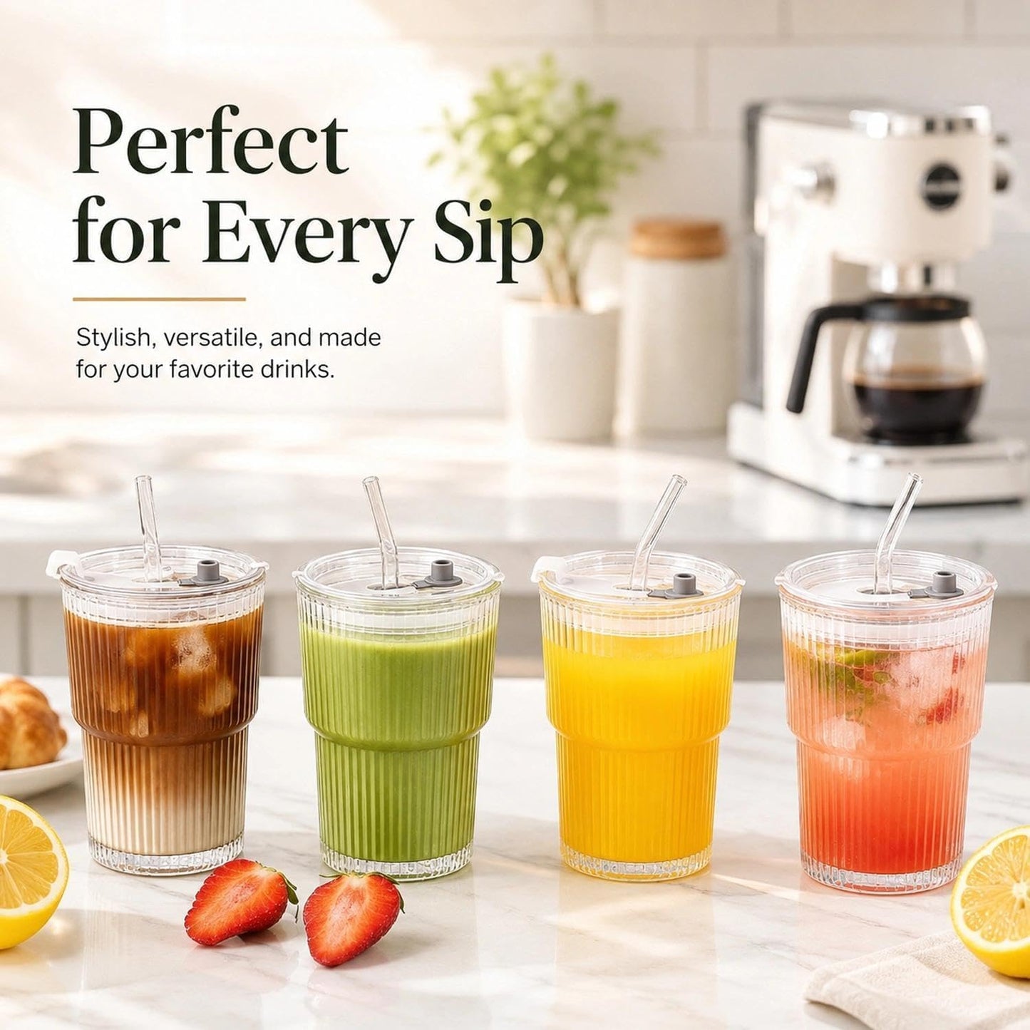 Ribbed Glass Tumbler with Lid and Straws, Resuable Ice Coffee Cups, To Go Iced Coffee Cups for Water, Smoothie, Matcha, Iced Tea Fruit Juice, Clear, 13oz, Set of 2