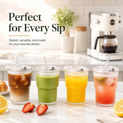 Ribbed Glass Tumbler with Lid and Straws, Resuable Ice Coffee Cups, To Go Iced Coffee Cups for Water, Smoothie, Matcha, Iced Tea Fruit Juice, Clear, 13oz, Set of 2