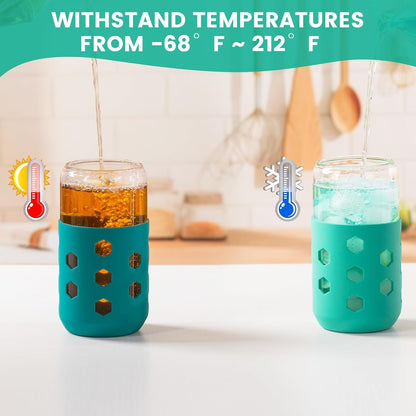 Mrsdry Glass Cups with Lids and Straws (4 Pcs), 16oz Drinking Glasses Set with Silicone Sleeves for Coffee Bar Accessories Iced Coffee Cups with Lids, Glass Tumbler Reusable for Gifts