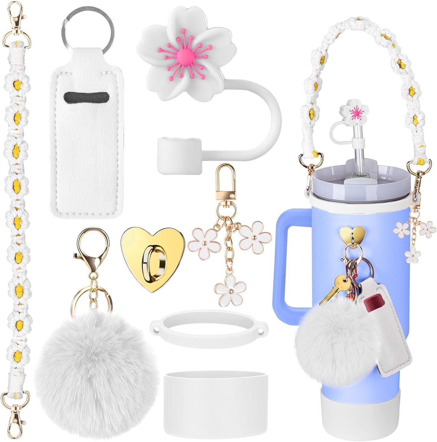 Mity rain Cup Accessories for Stanley Cup 30oz 40oz Tumbler with Handle, Including Water Bottle Handle Strap, Chapstick Holder, Boot, Keychain Charms, Straw Topper Cover Cap for Stanley (Purple)