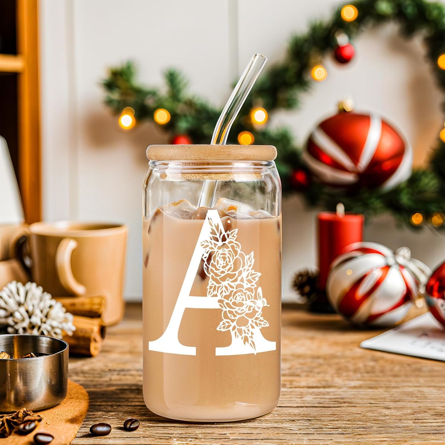 Glass Cups with Lids and Straws: Personalized Initial Glass Cup Be Used As Reusable Iced Coffee Cups with Lids,Cute Matcha Tumbler - The Christmas/Birthday Gifts for Women - M Smoothie Cup