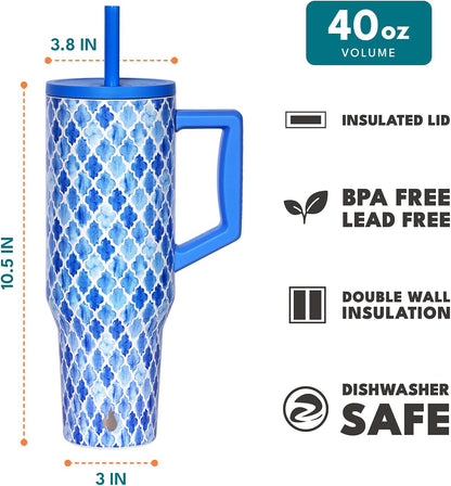Elemental 32 oz 100% Leak Proof Tumbler with Handle & Straw - Stainless Steel Double Wall Insulated Tumbler for Hot and Cold Beverages - Travel Coffee Mug with Sip & Straw Lid - White - Colors B