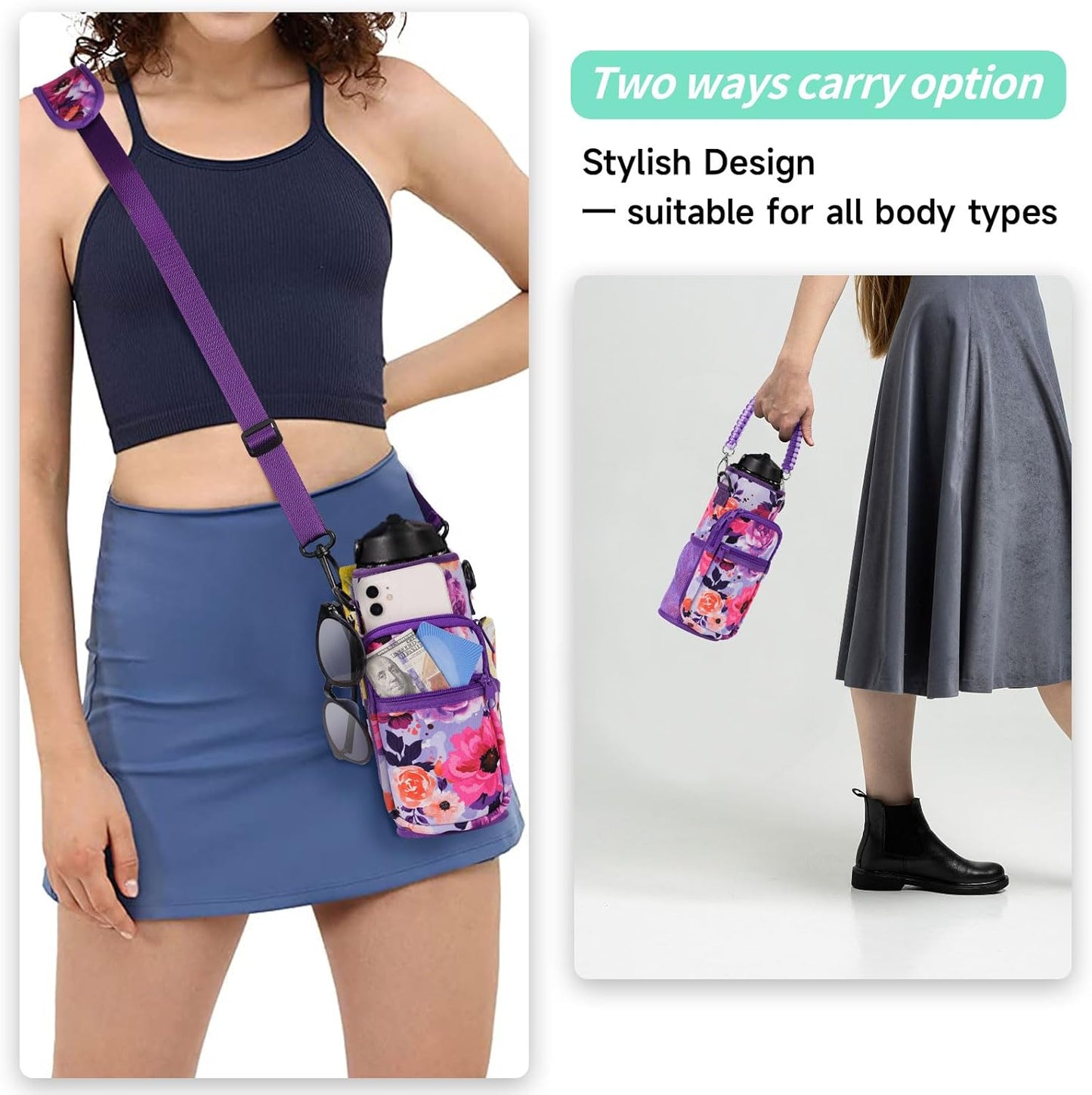 AceTreker 32/40/64/87/128 oz Water Bottle Carrier Bag, Neoprene Water Bottle Sleeve with 4 Pocket, Sport Water Holder with Paracord Handle and Shoulder Strap for Walking Hiking Camping Gym