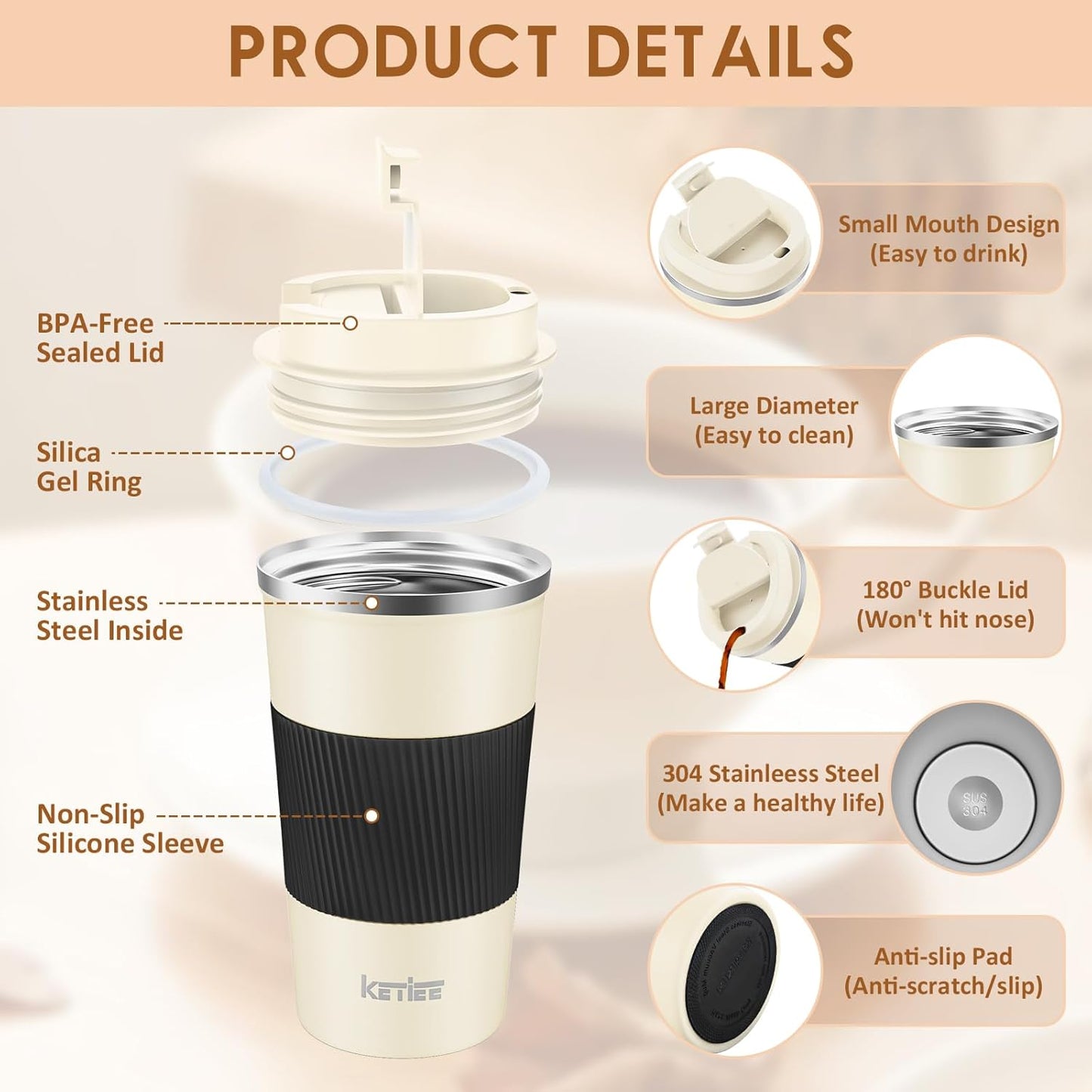 KETIEE Travel Coffee Mug Spill Proof 12oz, Insulated Travel Mug to Go, Reusable Coffee Cup with Seal Lid, Vacuum Stainless Steel Tumbler for Hot/Cold Drinks (Red)