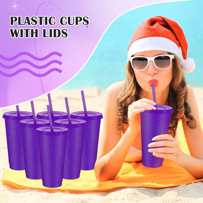 Uiifan 6 Pcs 24 oz Reusable Tumbler with Lids and Straws Plastic Iced Coffee Tumbler Glitter Travel Mug Cup for Smoothie Juices Birthday Party Cold Drink Coffee Cup Bulk for Adult Kid Women (Clear)