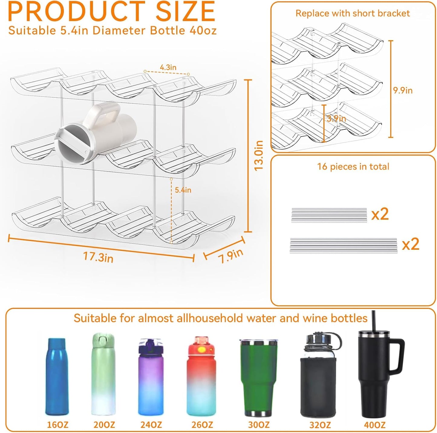 Yieach 2 Tier Water Bottle Holder for Cabinet,Acrylic Wine Rack and Stackable Water Bottle Organizer for Pantry - Waterbottle Organizer for 40 oz Stanley Cup Holder and Other Tumbler Organizers