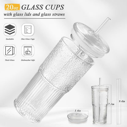 Iced Coffee Cups with Lids: Coffee Bar Accessories - Ribbed Glass Tumbler with Straw and Lid 4Pcs - 20oz Leak Proof Tumbler - Reusable Glass Cups and Tumblers with Lid and Straws for To Go Iced Coffee