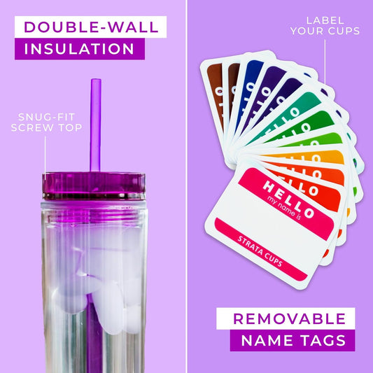 STRATA CUPS SKINNY TUMBLERS 4 Colored Acrylic Tumblers with Lids and Straws | Skinny, 16oz Double Wall Clear Plastic Tumblers With FREE Straw Cleaner & Name Tags! (Multicolor, 4)