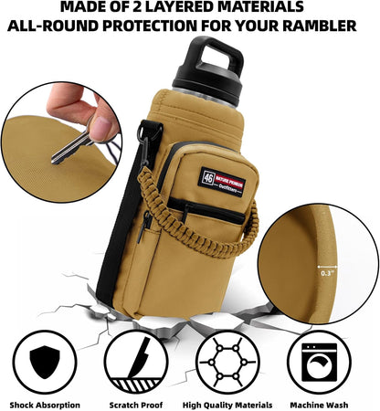 NATURE PIONEOR Water Bottle Holder with Adjustable Strap - 26/32/36/40/46/64oz Insulated Water Bottle Sling Carrier with Paracord Handle & 2 Pockets, Outdoor Sports, Hiking, Camping, Gym