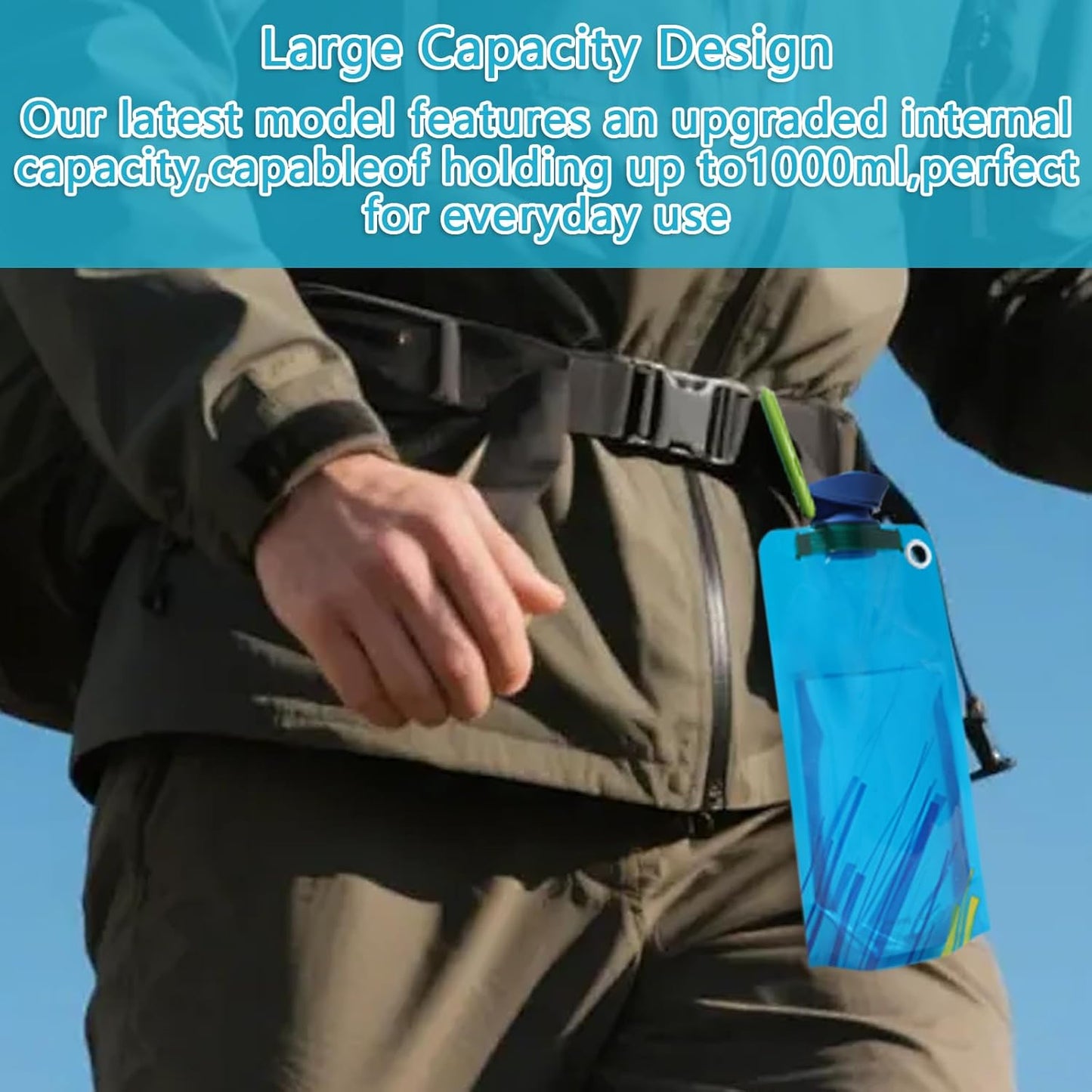 4 Pack Collapsible Water Bottle With Carabiner, 34 Ounce Foldable Water Bag with Leakproof Lid, Food-Grade Silicone Portable Water Bottle for Hiking, Sports, Camping, Biking, Traveling, BPA-Free