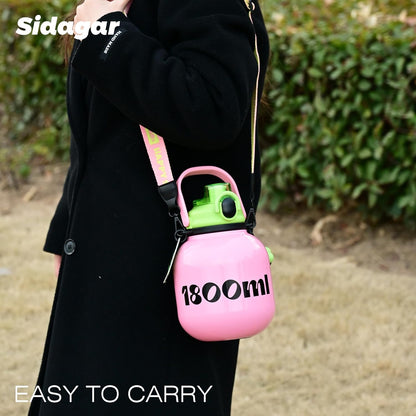 60 oz Big Gallon Water Bottle with Straw and Carry Handle, Black Wide Mouth Vacuum Water Jug, Insulated Stainless Steel Bottles; Heavy-Duty Aesthetic Yoga Flask for Women, Sweet & Cool Black