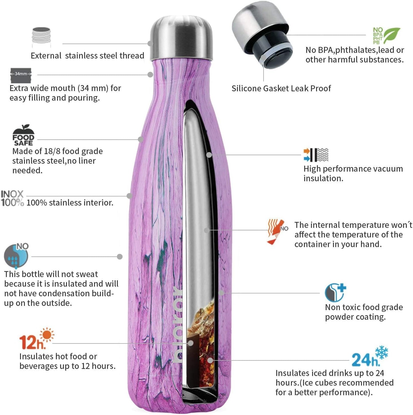 BJPKPK Insulated Water Bottle 12oz Small Stainless Steel Water Bottles Reusable Metal Thermal Keep Cold and Hot,Dreamy Purple - Colors B