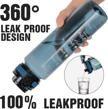OLDLEY Water Bottle, 32oz Motivational Sports Water Bottle with Time Marker - Times to Drink - Tritan, BPA Free, Wide Mouth Leakproof, Clear (1 Bottle)