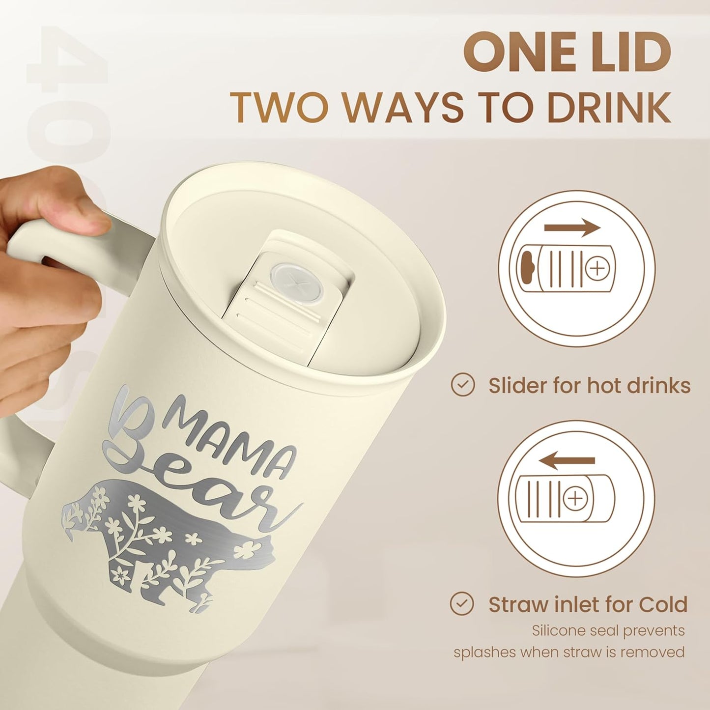 Floral Tumbler with Handle 40oz, Stainless Steel Insulated Tumblers Coffee Travel Mug Cup with Straw, Flower Coffee Cup Gifts for Women Girls, Gift for Her on Christmas Birthday Mothers Day