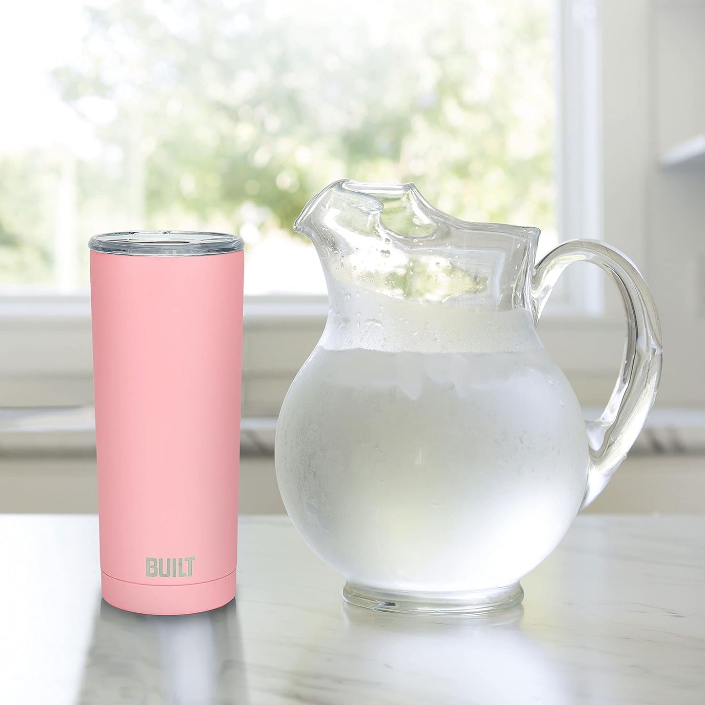 BUILT 20 Ounce Double Wall Vacuum Sealed Stainless Steel Coffee and Water Tumbler Easy to Clean Tritan Lid with Rotating Splash Guard, Pink (5286294)