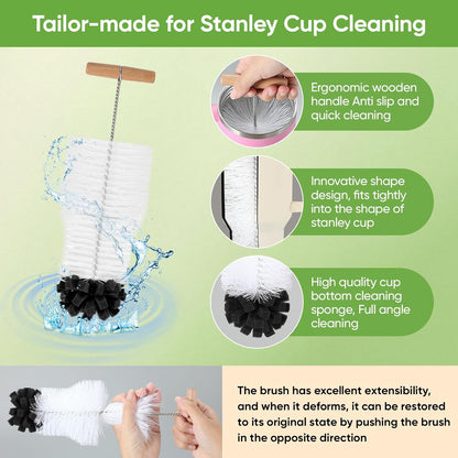 3 PCS Bottle Clean Brush Set, Long Wooden Handle Bottle Cleaner Brush for Stanley Cup Tumblers, 3 in1 Cup Lid Cleaning Brush, Long Straw Brush,Water Bottle Clean Brush Kit for Bottle Cups Coffee Mugs