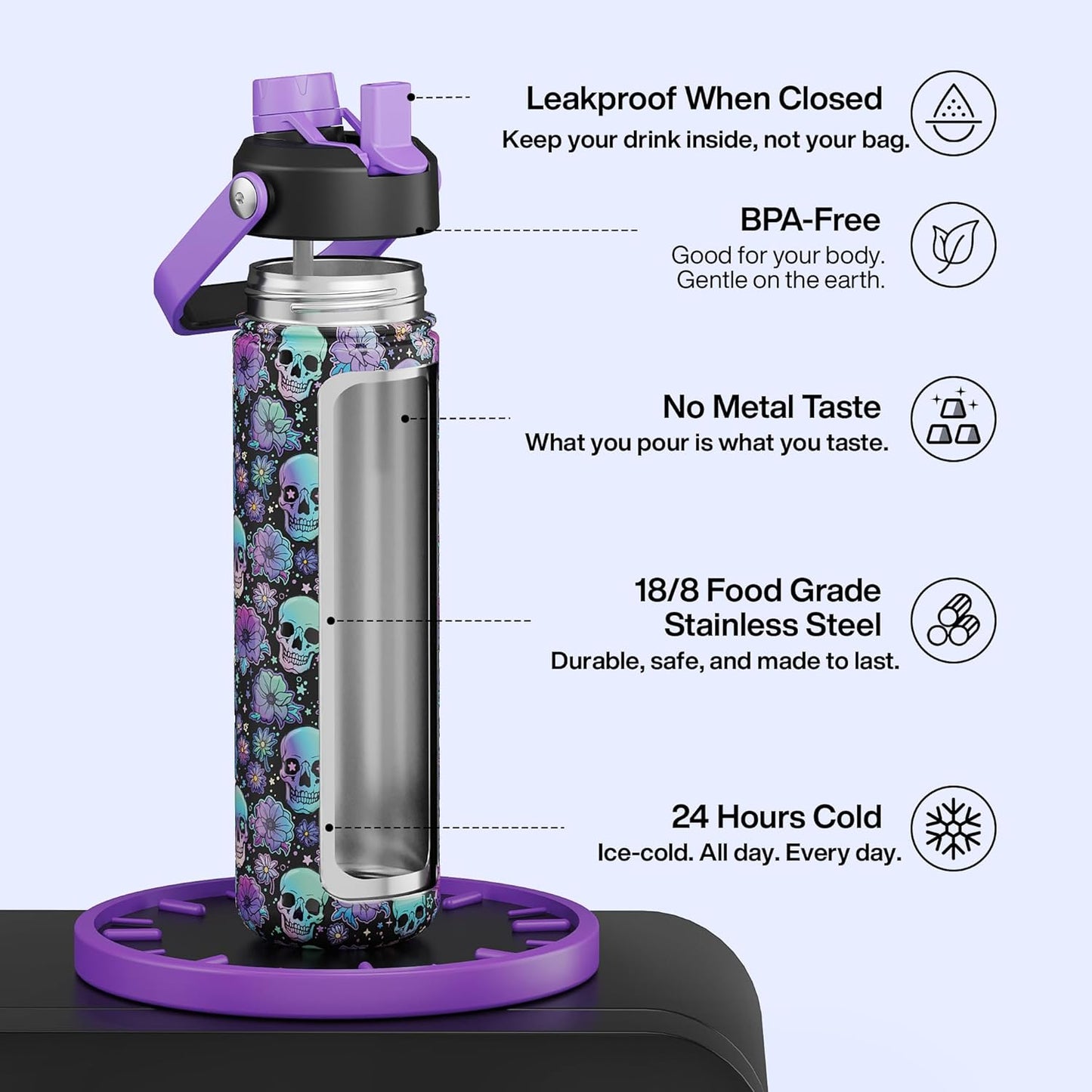 ENCOOL Insulated Water Bottle with Straw Stainless Steel Water Bottle, Leak-Proof, BPA-Free, Double Wall Vacuum Keeps Cold for 24 Hours for Sports, Travel, School (26 oz, Cotton Candy) - Colors B