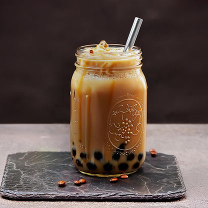 Reusable Wide Mouth Smoothie Boba Tea Cups Bubble Tea Cups with Lids and Silver Straws Mason Jars Glass Cups (2-pack, 32 oz mason jars)