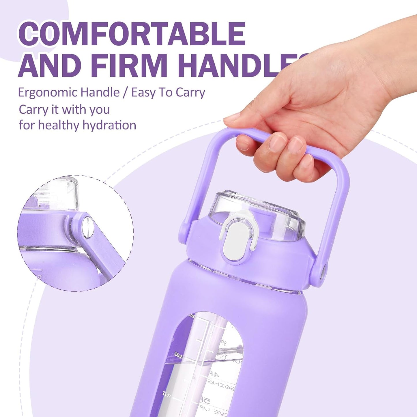 64oz Glass Water Bottles with Straw, Half Gallon Motivational Glass Bottle with Silicone Sleeve and Time Marker, 2L Leakproof Large Glass Water Jug for Gym Home Office,olive