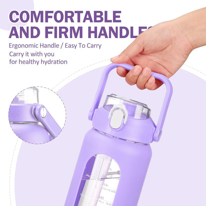 64oz Glass Water Bottles with Straw, Half Gallon Motivational Glass Bottle with Silicone Sleeve and Time Marker, 2L Leakproof Large Glass Water Jug for Gym Home Office,olive