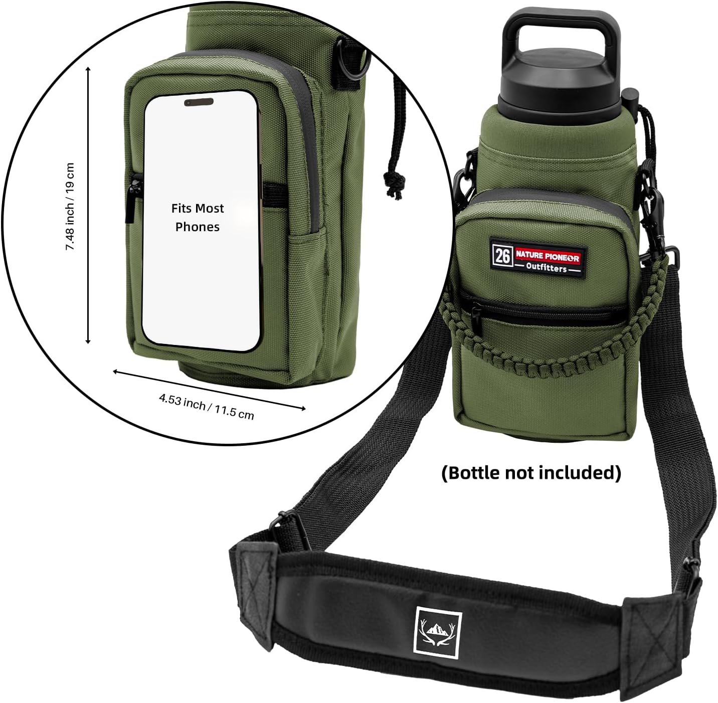 NATURE PIONEOR Water Bottle Holder with Adjustable Strap - 26/32/36/40/46/64oz Insulated Water Bottle Sling Carrier with Paracord Handle & 2 Pockets, Outdoor Sports, Hiking, Camping, Gym