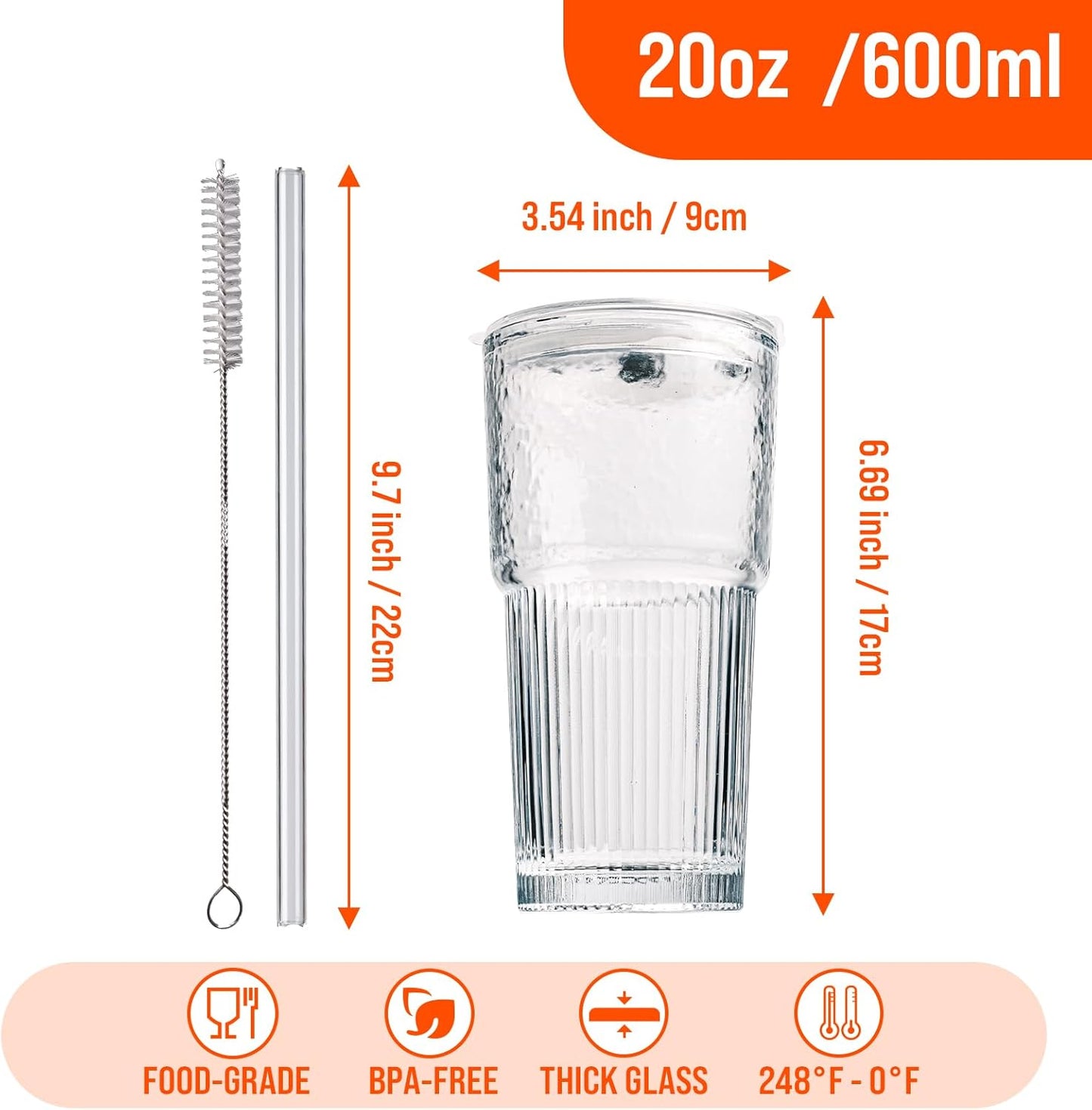 SUROQUE 20oz Ribbed Glass Tumblers with Lids & Straws, Ideal for Iced Coffee, Cocktails & More - Includes Cleaning Brush
