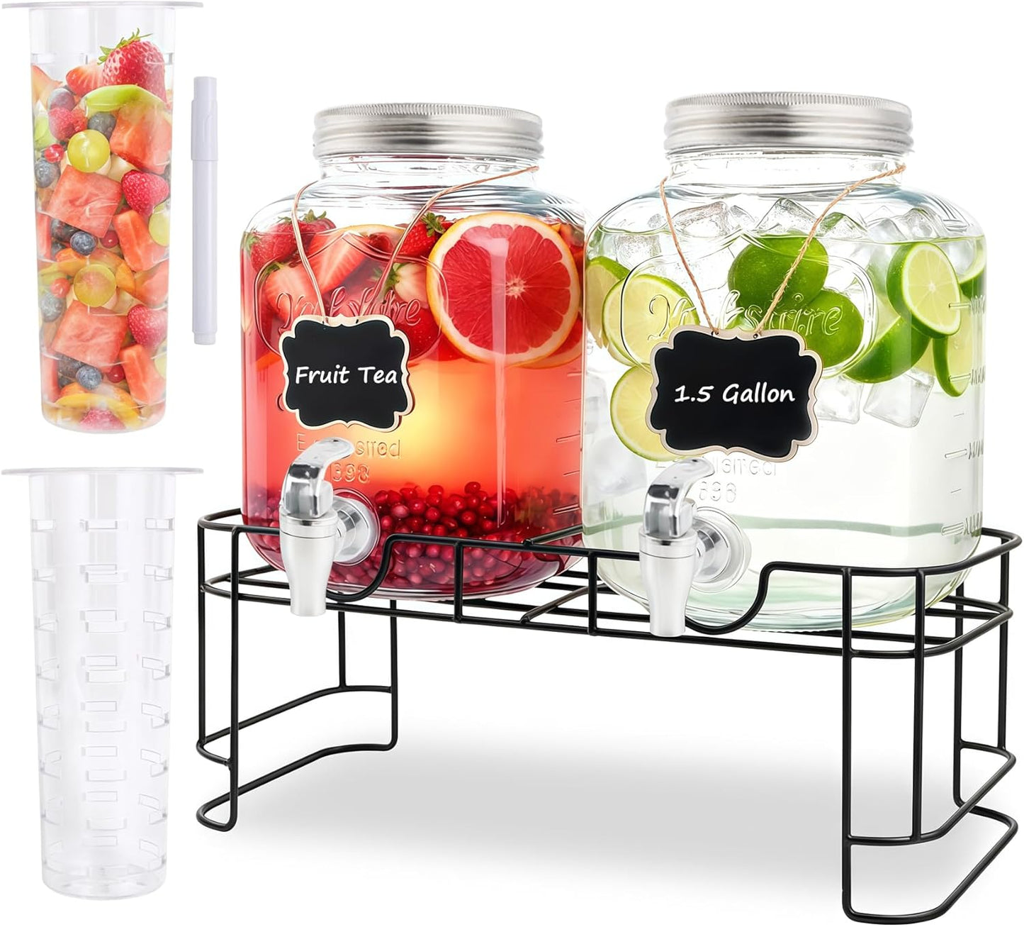 1 Gallon Glass Drink Dispensers For Parties-Set of 2,Drink Dispenser with Fruit Infuser & Stand,Juice or Beverage Dispenser for BBQ, Picnic, Party,Laundry Detergent Dispenser