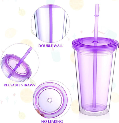 Nuogo 4 Pieces Insulated Double Wall Plastic Tumbler with Lids and Straws Reusable Transparent Plastic Cup 16 oz Tumbler Bulk for Coffee Drinks Milk Tea Juice, Pink, Blue, Green, Purple