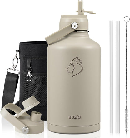BUZIO 40oz Insulated Water Bottle, Triple Wall Vacuum Stainless Steel Water Flask with 2 lids, Lead-Free BPA-Free Straw Lid Sports Canteen Jug, Cold 48H & Hot 24H- Black - Colors A