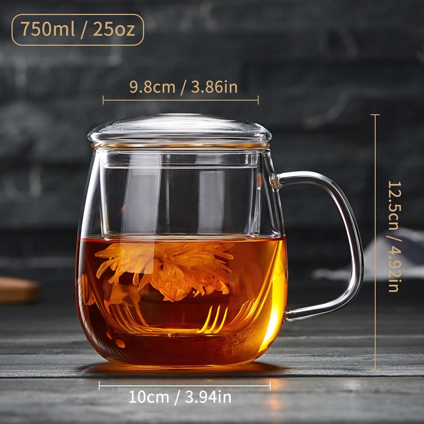 DOPUDO Glass Tea Cup with Infuser and Lid, 17.6oz/520ml Large Borosilicate Teacup,Tea Glass, Clear Mug for Loose Leaf Tea, Blooming Tea, Microwave & Dishwasher Safe - Tea Maker Gift for Birthday.