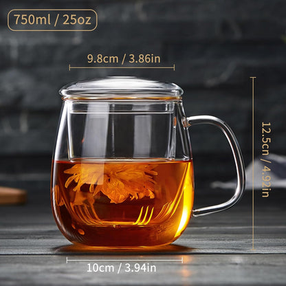 DOPUDO Glass Tea Cup with Infuser and Lid, 17.6oz/520ml Large Borosilicate Teacup,Tea Glass, Clear Mug for Loose Leaf Tea, Blooming Tea, Microwave & Dishwasher Safe - Tea Maker Gift for Birthday.
