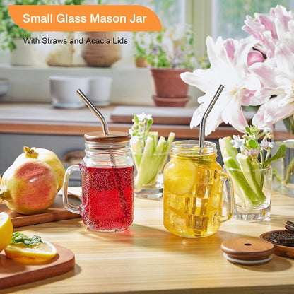 DRASTAR Iced Coffee Cup, 16 oz Mason Jar Cups with Handle, Small Glass Coffee Mugs with Straws and Acacia Lids, Drinking Glass Cups Set of 2, Smoothie, Overnight Oats Containers