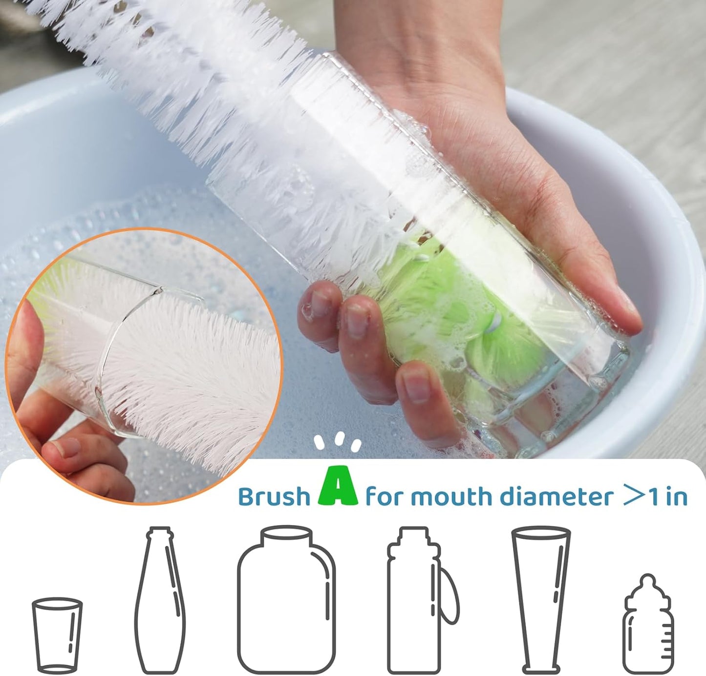 LiKee Super-Long 18" Bottle Cleaning Brush, Extra-Large 2.5” Wide Cleaner, Flexible Long Handle Brush for Water Bottle, Cups, Baby Bottle