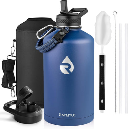 RAYMYLO One Gallon Water Bottle Insulated, Triple Walled Vacuum Stainless Steel (Cold for 48 Hrs), Leak Proof & Non-BPA, Large Water Flask Jug with Paracord Handle & Straw Spout Lids