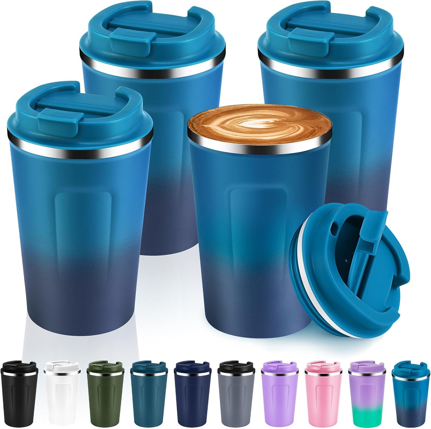Volhoply 12 oz Double Wall Insulated Vacuum Travel Coffee Mugs with Flip Lid Bulk 2 Pack,Reusable Stainless Steel Leak Proof Coffee Cup,Portable Cafe Thermal Tumbler for Hot & Cold Drinks(Mix,2 Set)