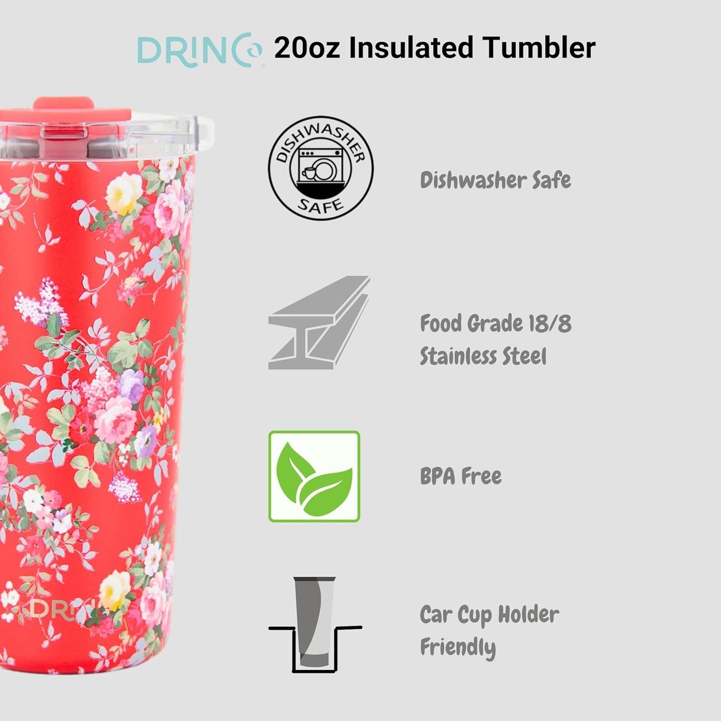Drinco - 20 oz Stainless Steel Tumbler | Double Walled Vacuum Insulated Mug With Lid, 2 Straws, For Hot & Cold Drinks (20oz Dragonfly)