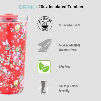 Drinco - 20 oz Stainless Steel Tumbler | Double Walled Vacuum Insulated Mug With Lid, 2 Straws, For Hot & Cold Drinks (20oz Dragonfly)