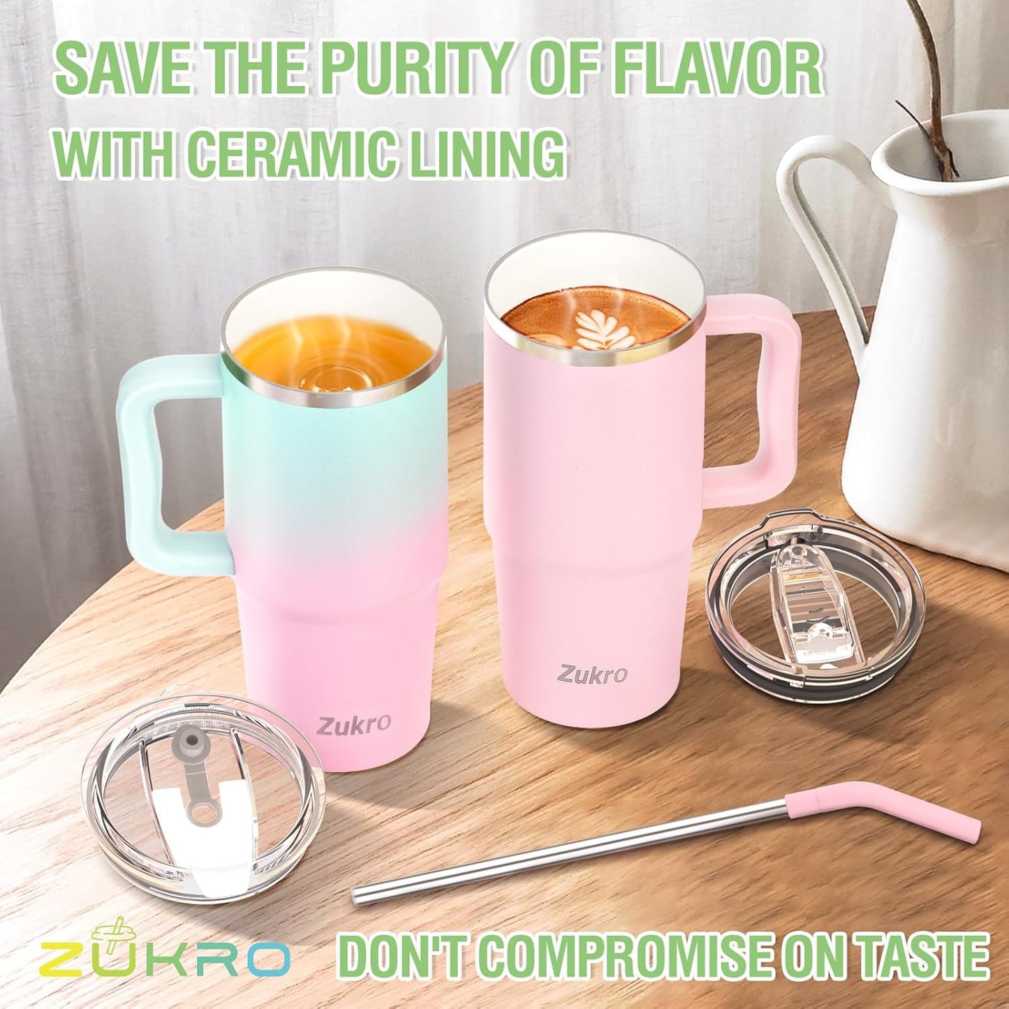Zukro 24 oz Ceramic Lined Tumbler with Handle and Straw, No Metal Taste, Insulated Stainless Steel Coffee Mug with Spill Proof Lids for Home/Office, No Sweat, Keep Drinks Hot or Cold, Black